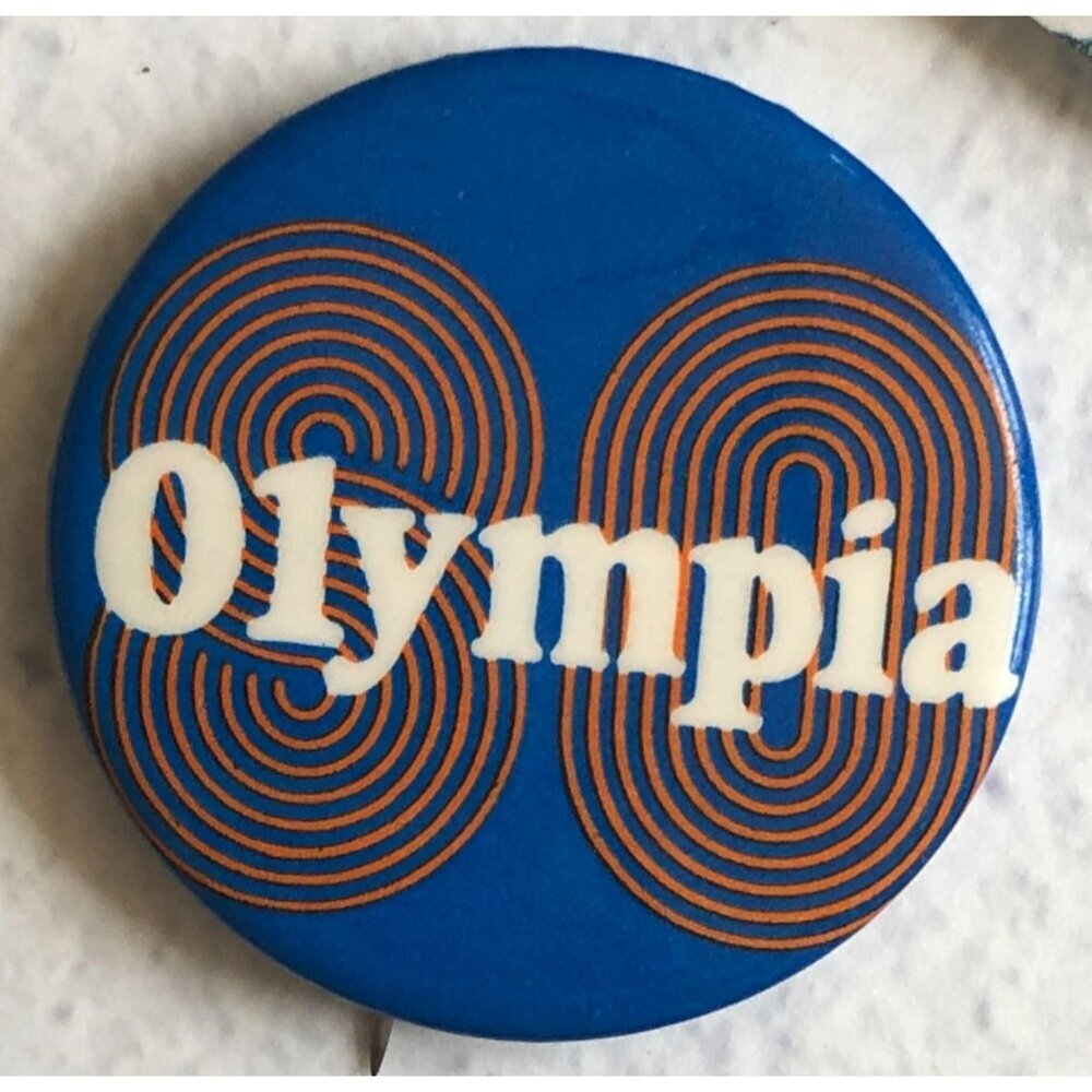 Vintage Olympia Blue Pinback Button Retro Orange 80 Collectible Memorabilia